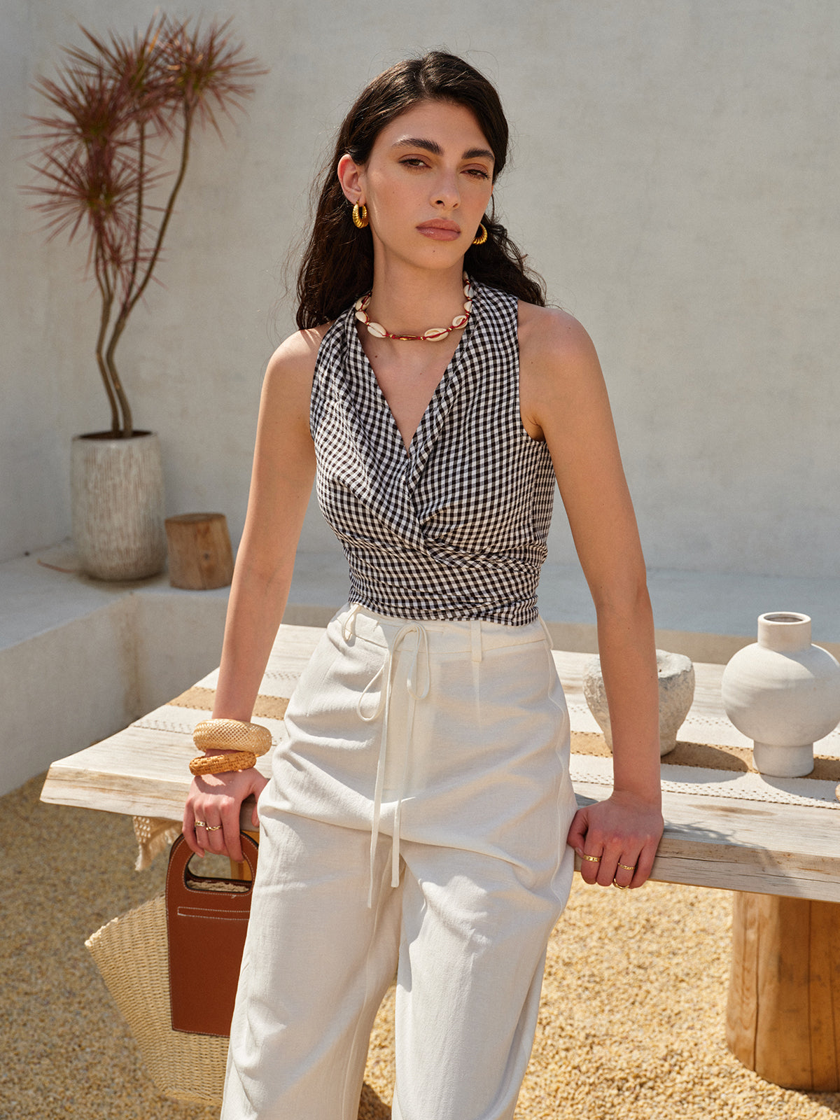 Gingham Halter Wrap Top