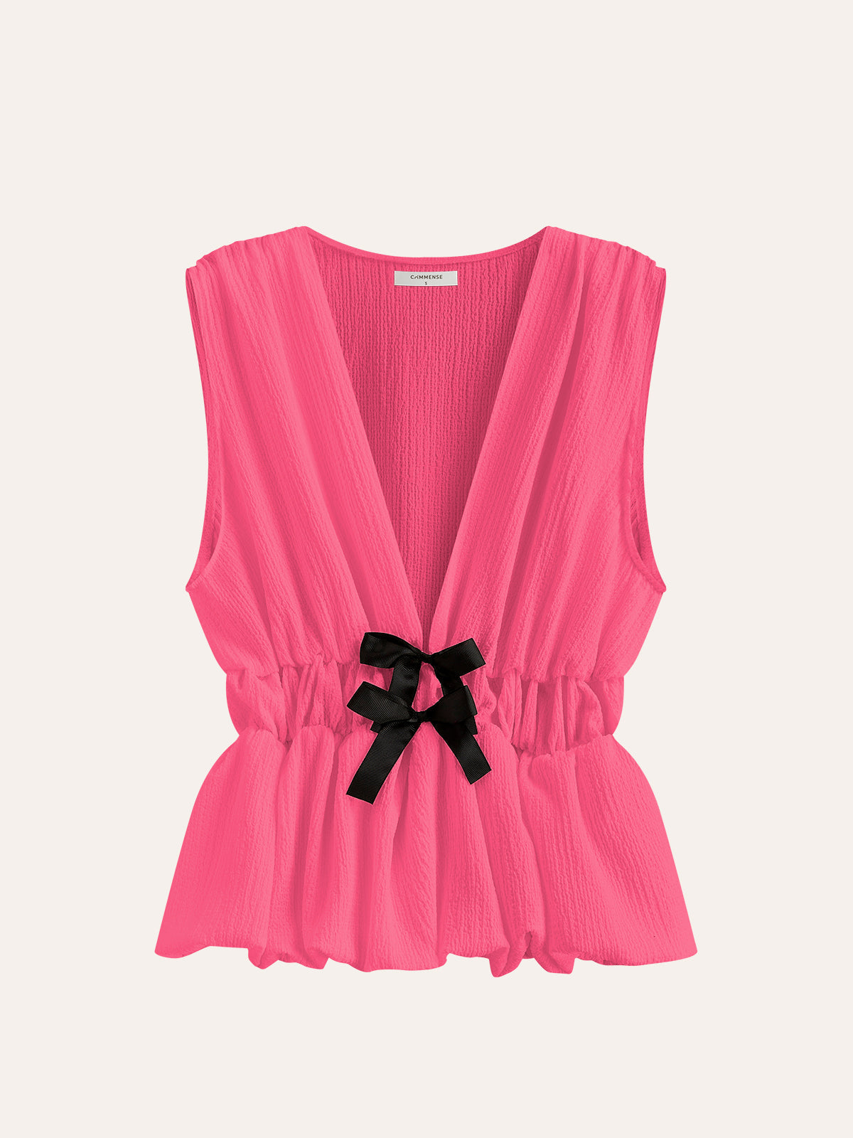 V-Neck Gathered Waist Bow-Detail Top