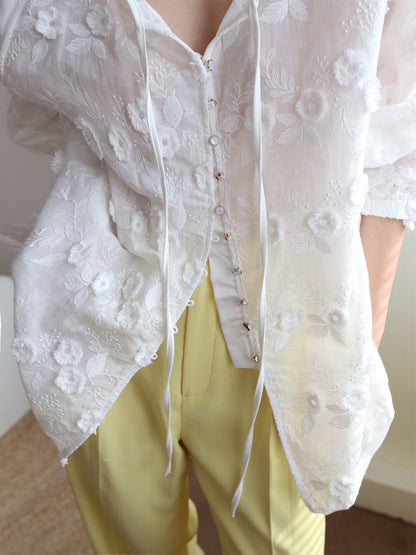 Oversized Semi-Sheer Embroidered Floral Blouse