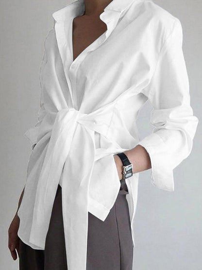 Semi-Sheer Button Down Tied Long Shirt