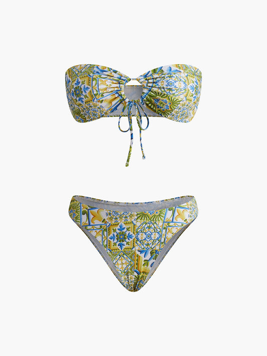 Strapless Print Knotted Bikini Set