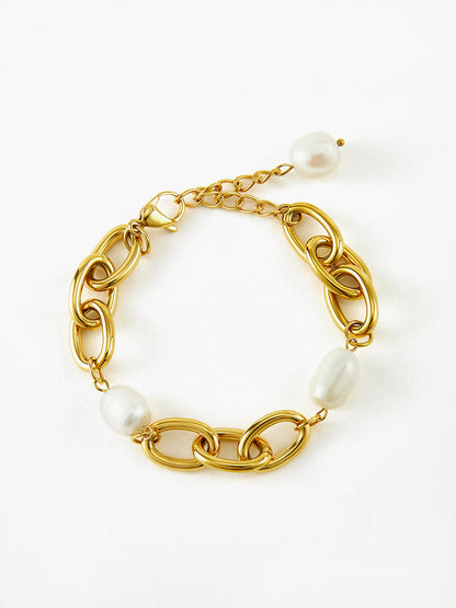 Oval Pearl Golden Chain Bracelet