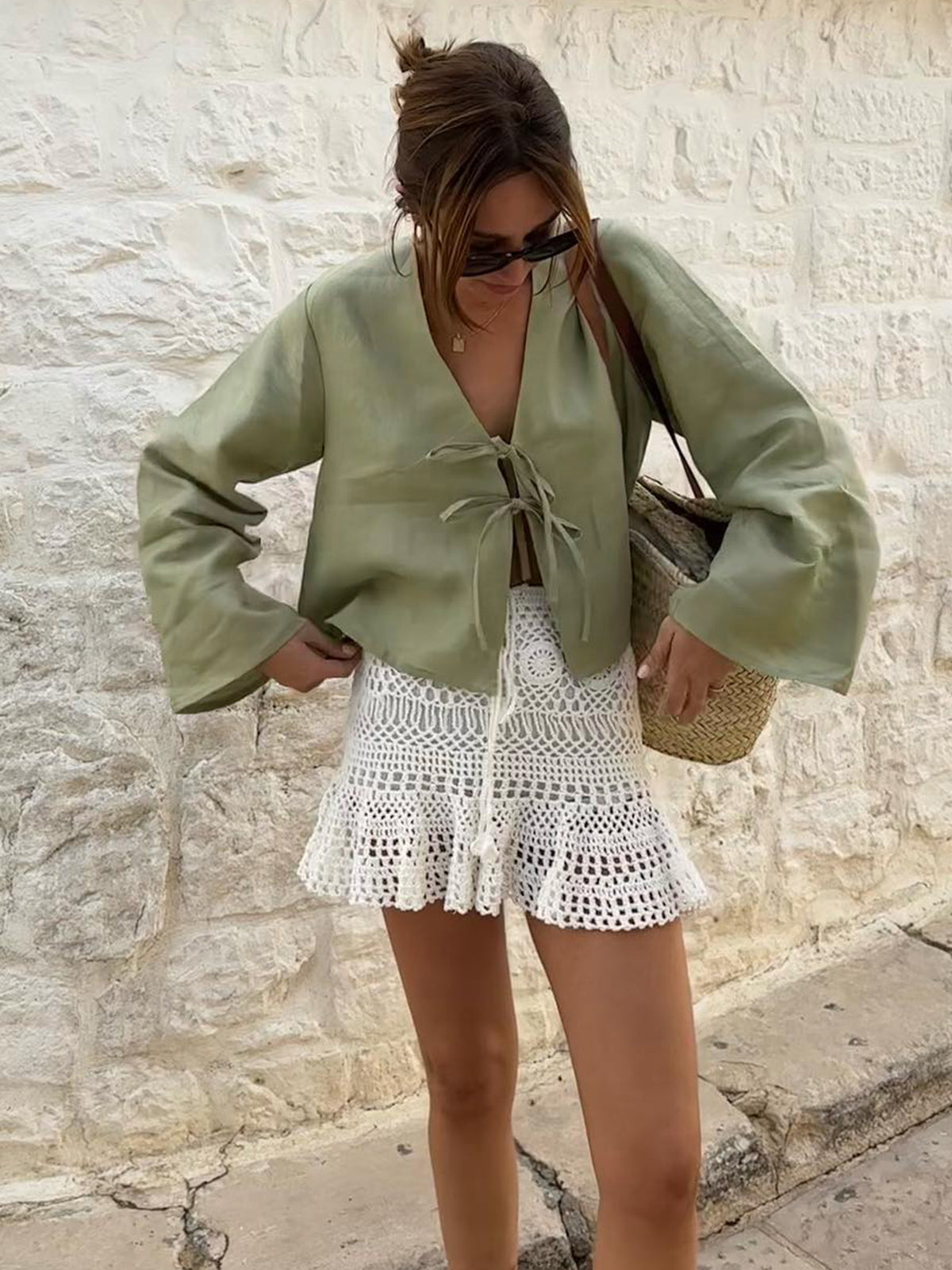 Oversized Long Tie-Front Sleeve Blouse
