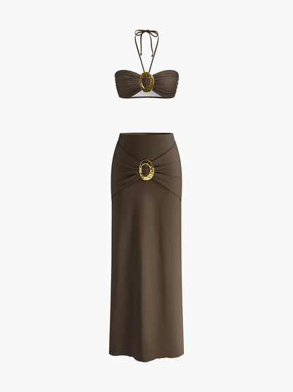 Oval Ring Detail Bandeau Bikini Set With Draped Skirt