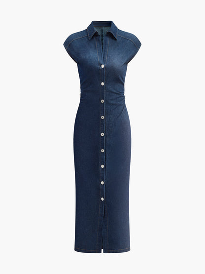 V-Neck Sleeveless Button Denim Dress
