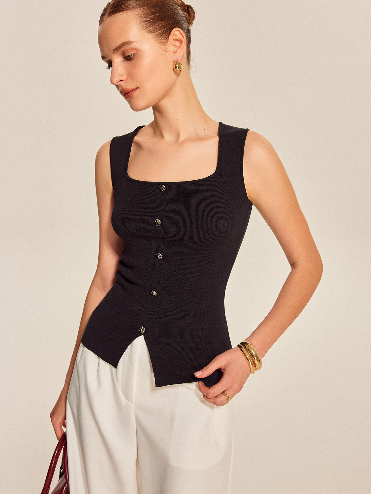 Button Front Square Neck Top