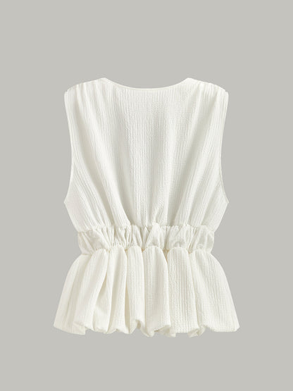 V-Neck Gathered Waist Bow-Detail Top