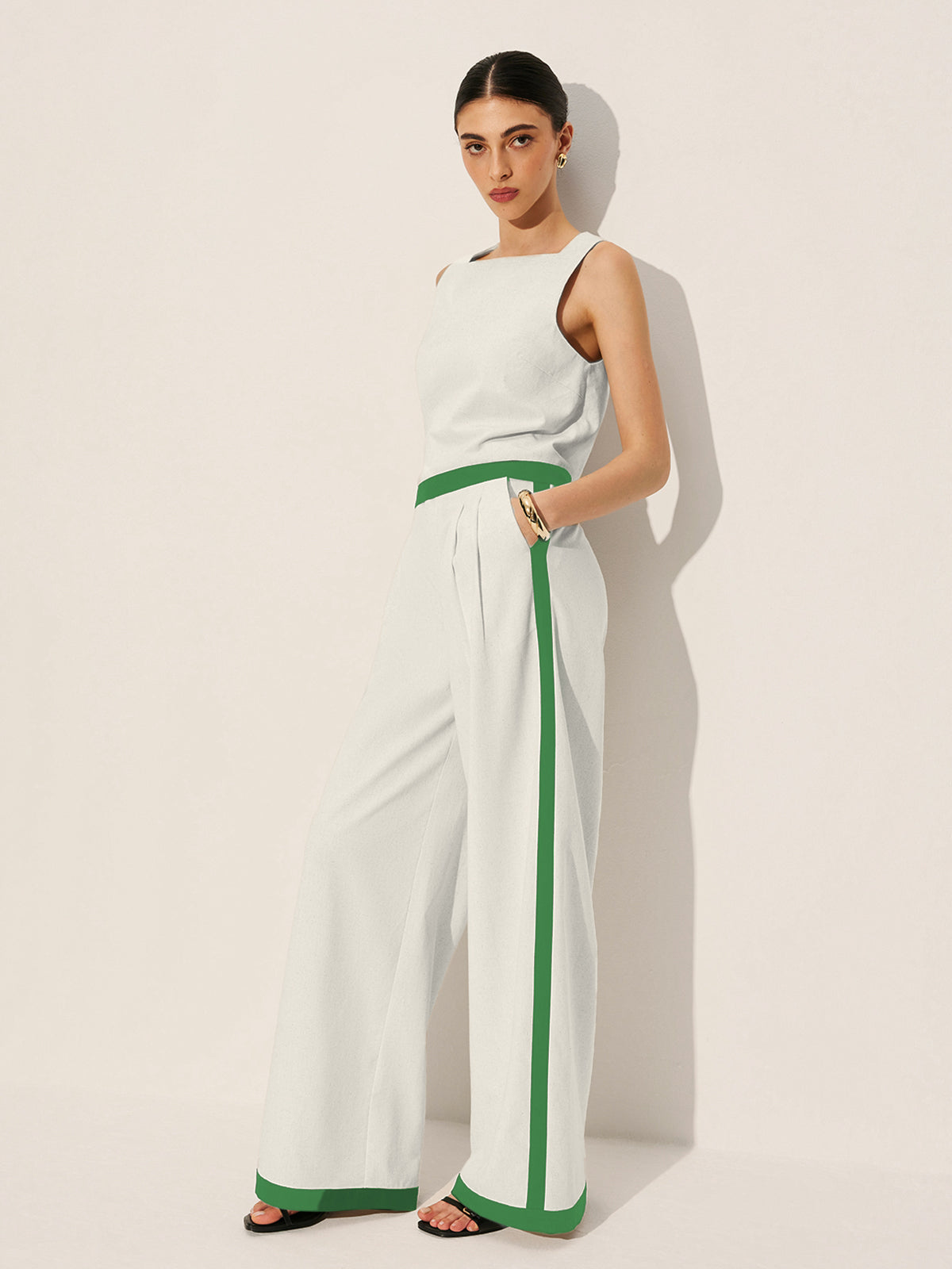 Linen & Cotton Zipper Contrast Binding Pant Set