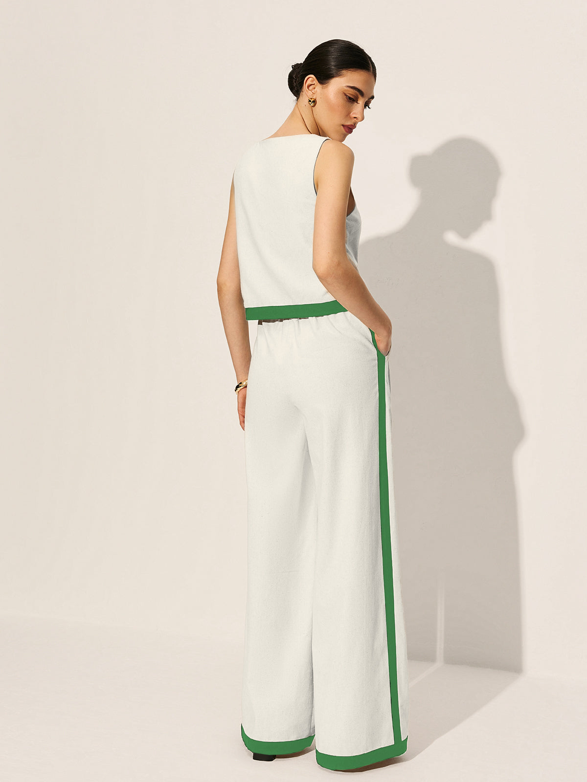 Linen & Cotton Zipper Contrast Binding Pant Set