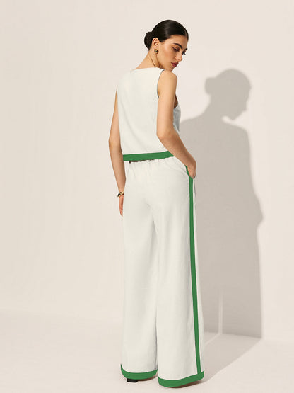 Linen & Cotton Zipper Contrast Binding Pant Set