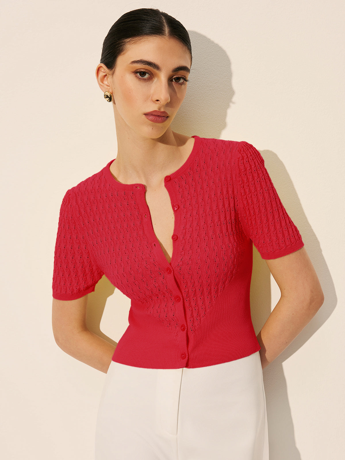 Hollow Knit Buttoned Top