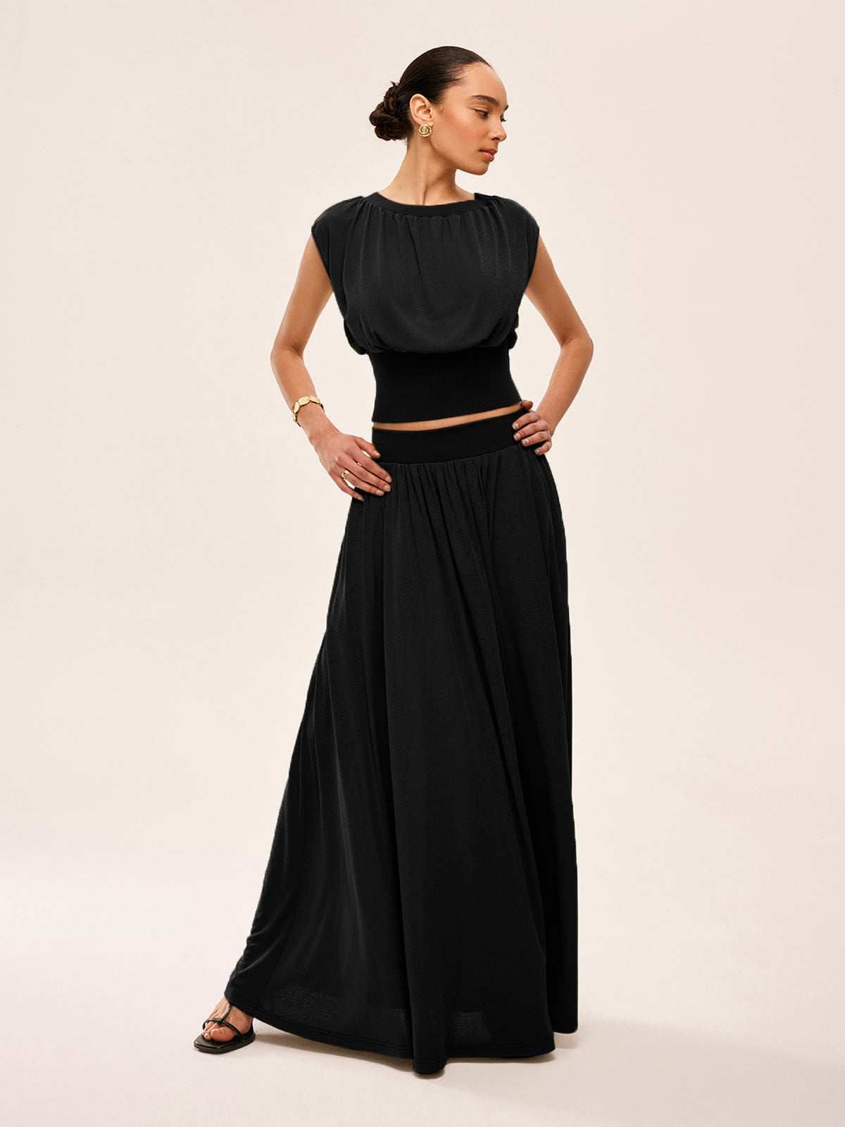 Gathered Waist Top With Flowy Skirt Set