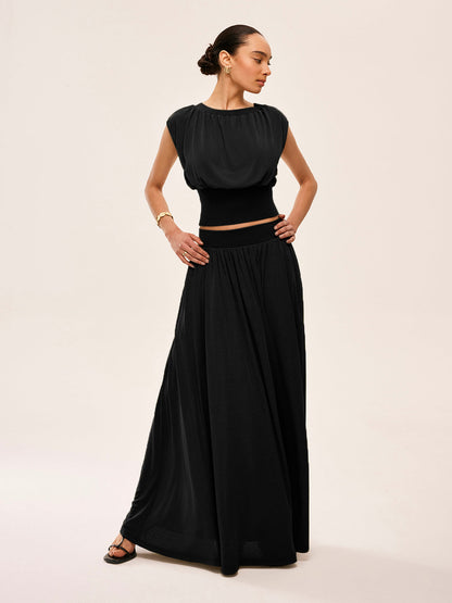 Gathered Waist Top With Flowy Skirt Set