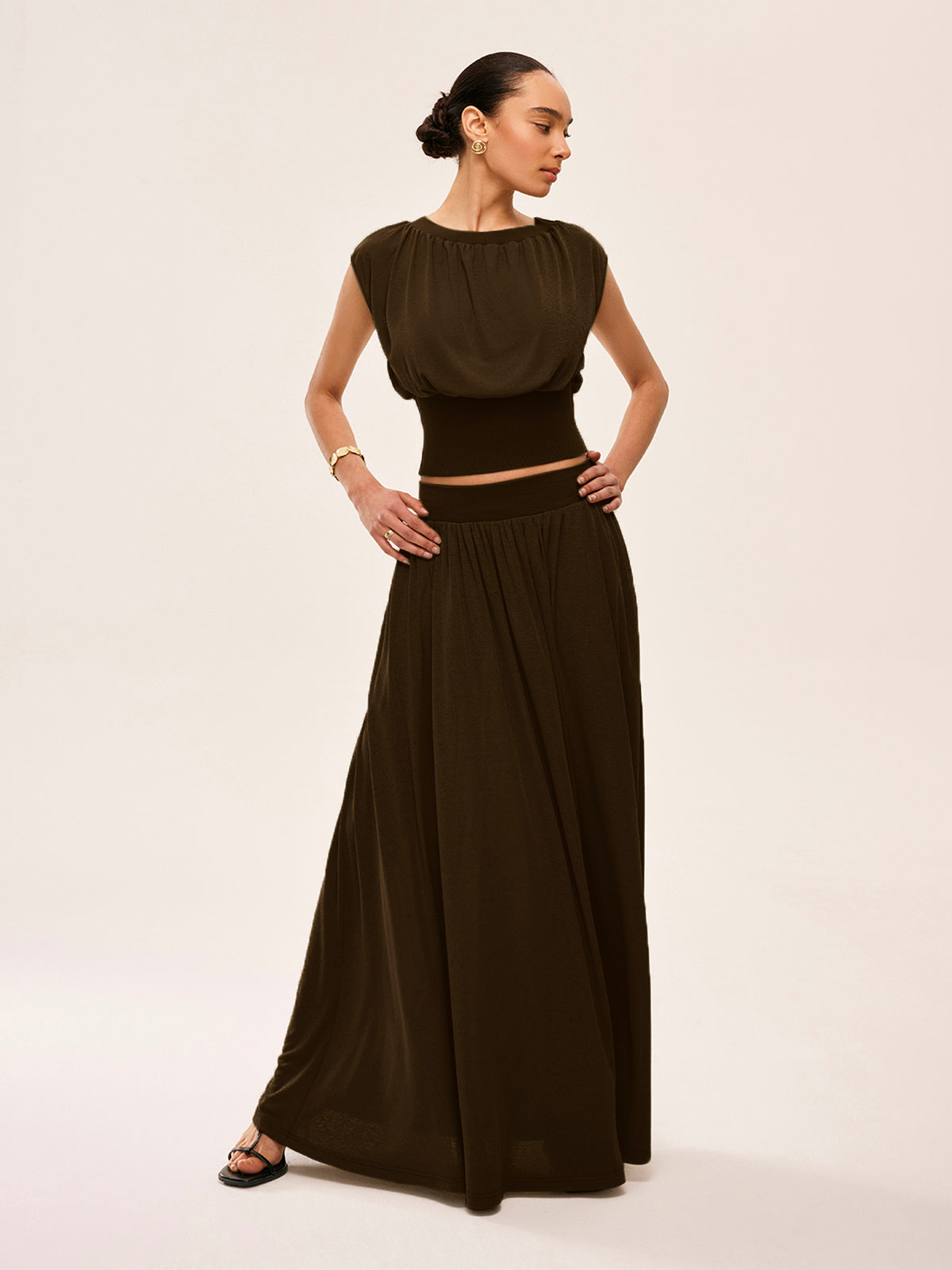 Gathered Waist Top With Flowy Skirt Set