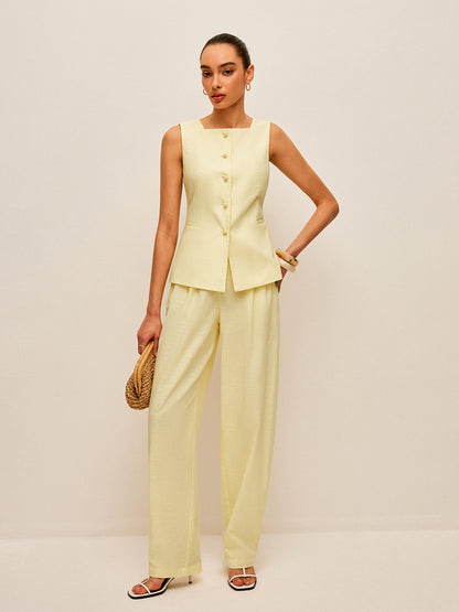 Cotton & Linen Tie-Back Vest With Pockets Pants Set