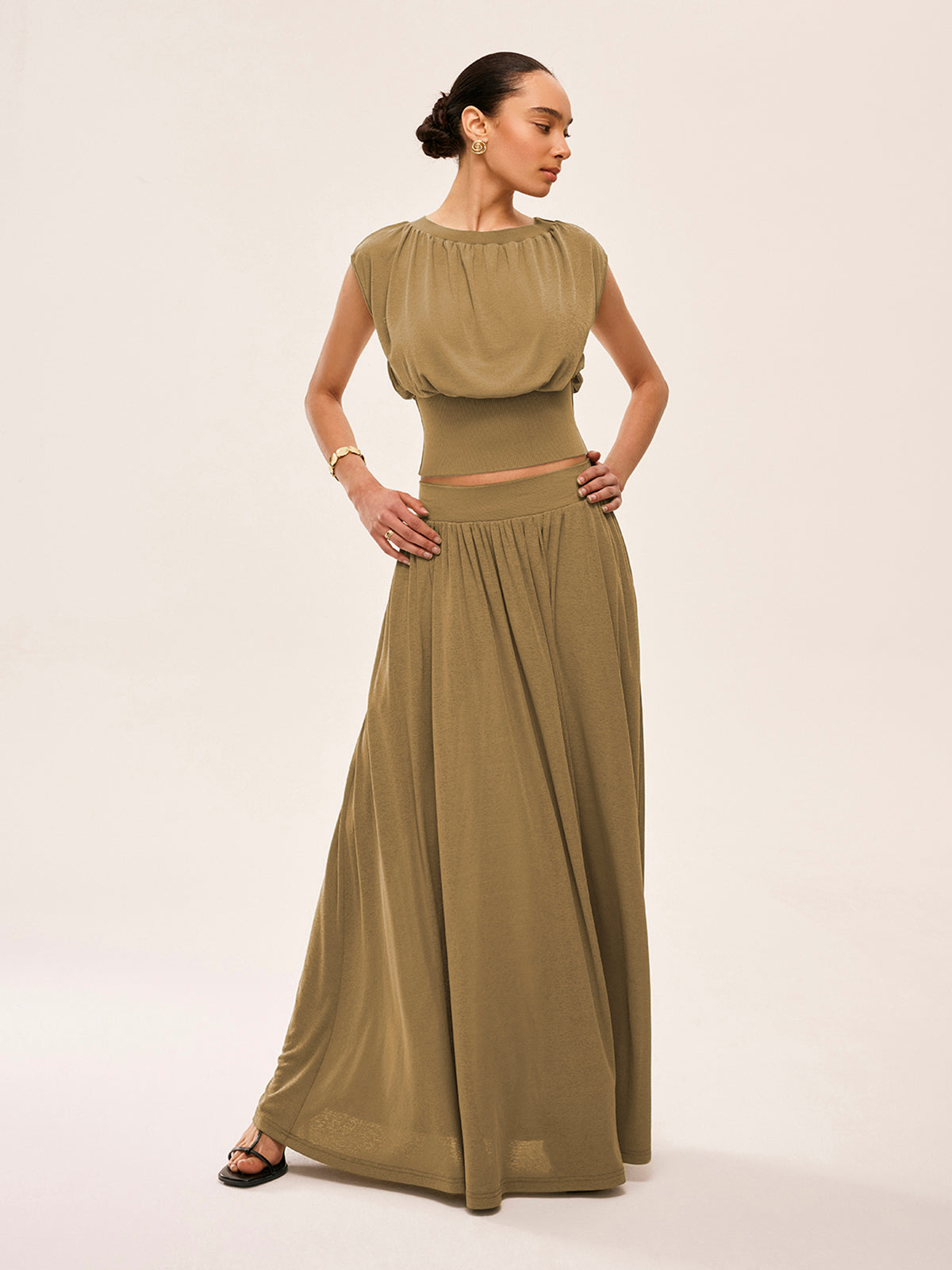 Gathered Waist Top With Flowy Skirt Set
