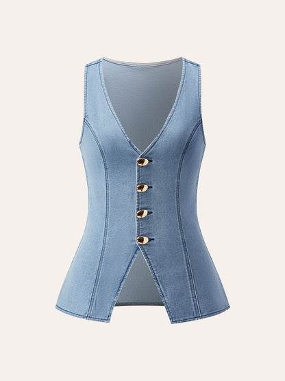 Metal Button Tie-Back Denim V-Neck Shorts Set